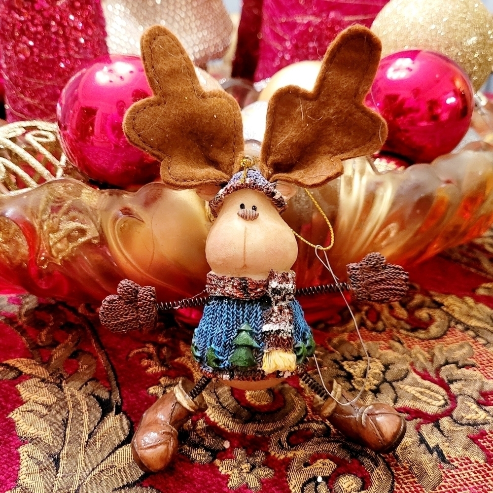 VINTAGE CHRISTMAS REINDEER WITH OVERSIZE HORNS AND A SWEATER CHRISTMAS ORNAMENT